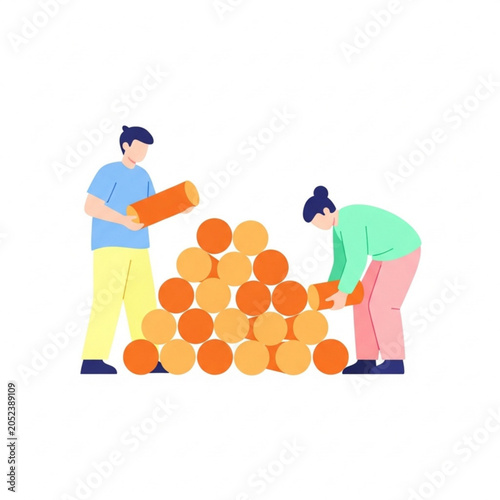 Two young people stacking colorful balls on white background, concept of youth  