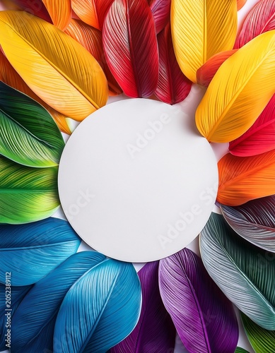 Top view of white background with plants in rainbow colors with central copy space. Pride concept