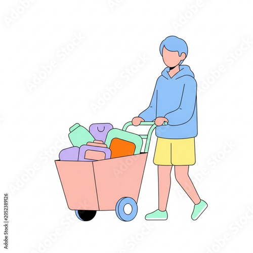 Young man pushing cart filled with colorful items on white background  