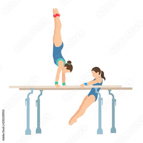 Two young gymnasts practicing on balance beam indoors  