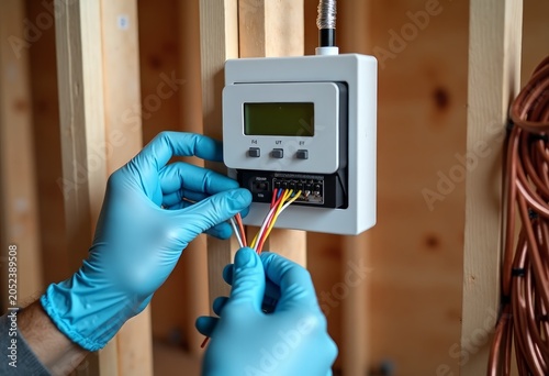 Technician wearing blue gloves connects wires to a digital thermostat mounted on wooden framing in a construction site, with copper wiring visible in the background