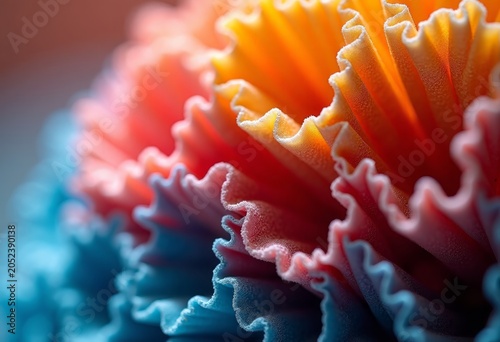 Colorful abstract close-up of layered ruffled paper resembling a flower, featuring vibrant hues of blue, orange, and pink in a soft-focus background