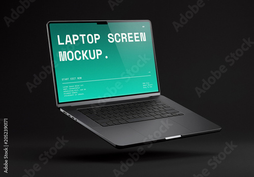 Floating Laptop Display Mockup In Dark Studio