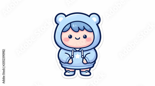 Cute Kawaii Boy Wearing Pastel Blue Bear Hoodie Sticker Illustration