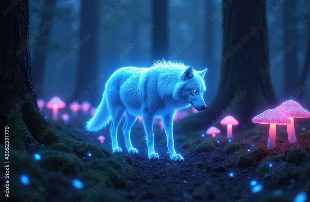 Naklejka premium Glowing blue wolf walks through a dark forest path. Bioluminescent mushrooms emit pink and blue light around the mystic animal. Magical atmosphere surrounds creature in woodland.