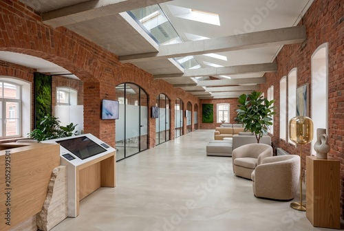 Modern medical lobby with skylights, plants and waiting area