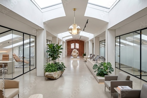 Bright clinic corridor with vaulted ceiling and green plants