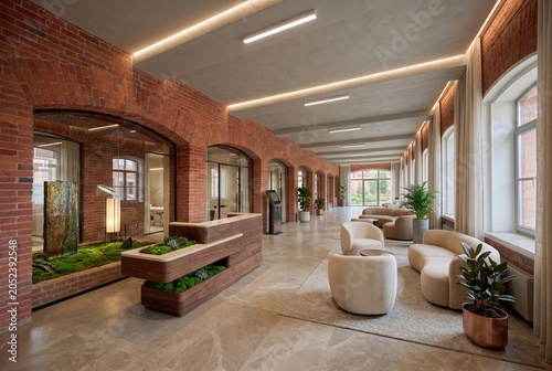 Contemporary clinic reception with brick wall and waiting lounge