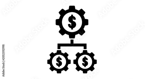 Minimal black silhouette icon, simple flat vector, bold black shape, no, no shading financial structure icon with gear and dollar sign symbols on a, flat icon style