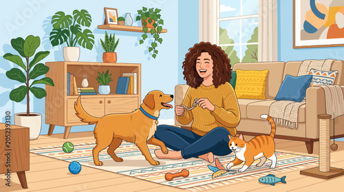 Quadro su tela Happy Woman Playing With Dog and Cat in Bright Living Room