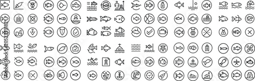 Slika na platnu A grid of diverse seafood icons, each enclosed in a circle, showcasing various fish and marine life