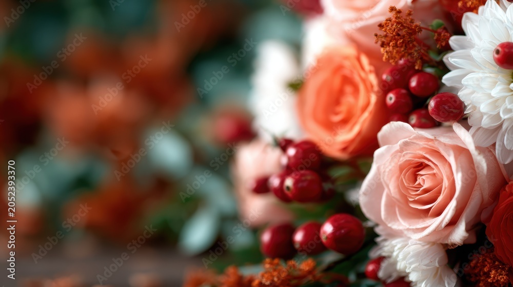 Obraz premium A lovely arrangement of peach roses and berries surrounded by greenery, capturing the essence of fresh blooms and seasonal beauty in this stunning floral display.