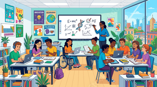 Diverse students learn science and technology in a modern, inclusive classroom with interactive whiteboard.