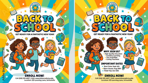 Slika na platnu Back to School Illustration: Happy Diverse Kids Ready for New Academic Year