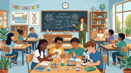 Quadro su tela Diverse students in science lab class with teacher, conducting experiments at desks