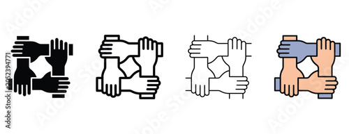 Foto Four pairs of hands stacked on top of each other in different line styles and co