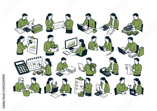Income Accounting Series collection of digital illustrations NOT icons NOT symbols, 12?20 character-driven small scenes of people calculating taxes, receiving paychecks, accounting earnings, making