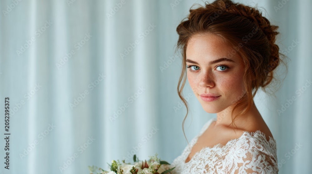 Naklejka premium A beautiful bride stands gracefully, holding her bouquet with elegance. Her radiant smile and well-defined features shine against a soft background, evoking love and joy.