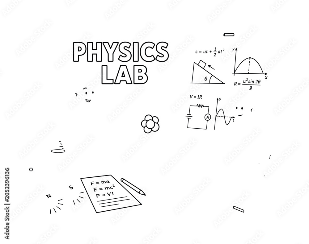 Fototapeta premium Physics Science Lab. Clean outline line art banner with one wide physics laboratory scene, two scientists beside oversized atom model and giant experiment board, small details magnet, beaker,