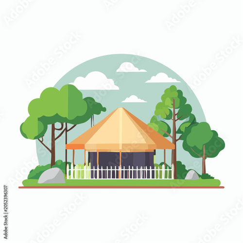 Flat Illustration of a Glamping Tent in a Forest Setting