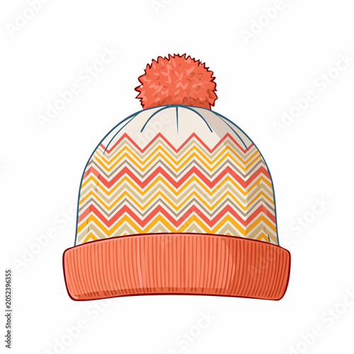 Illustration of a knitted winter hat with a pom-pom and chevron pattern