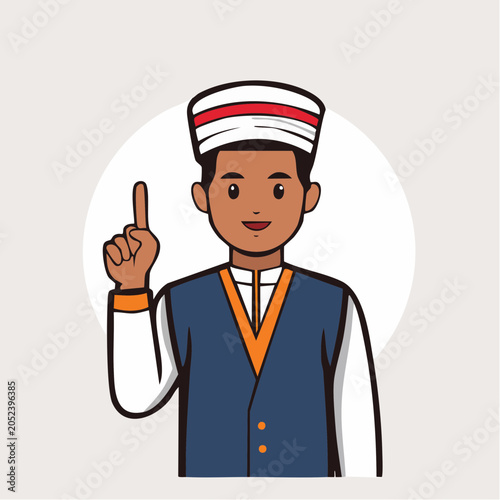 Muslim Man Wearing Kufi and Traditional Attire, Pointing Up