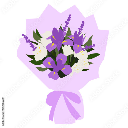 Iris flower boquet, flat style illatration, isolated on white background. 