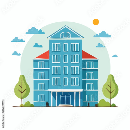Stylized Blue Apartment Building with Trees and Clouds