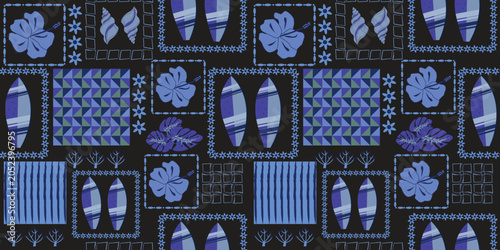 Print Blue Tropical Hawaiian Patchwork Seamless Pattern with Hibiscus Flowers, Surfboards, Seashells and Geometric Tiles