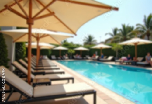 Outdoor swimming pool area with lounge chairs and umbrellas surrounded by palm trees in a sunny tropical setting, inviting relaxation and leisure