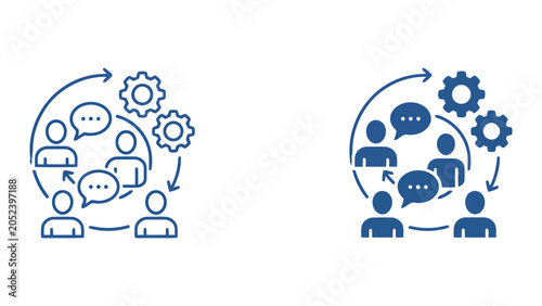 Operational efficiency and team communication cycle icon set showing people with speech bubbles and rotating gears for professional business workflow management and continuous improvement strategies