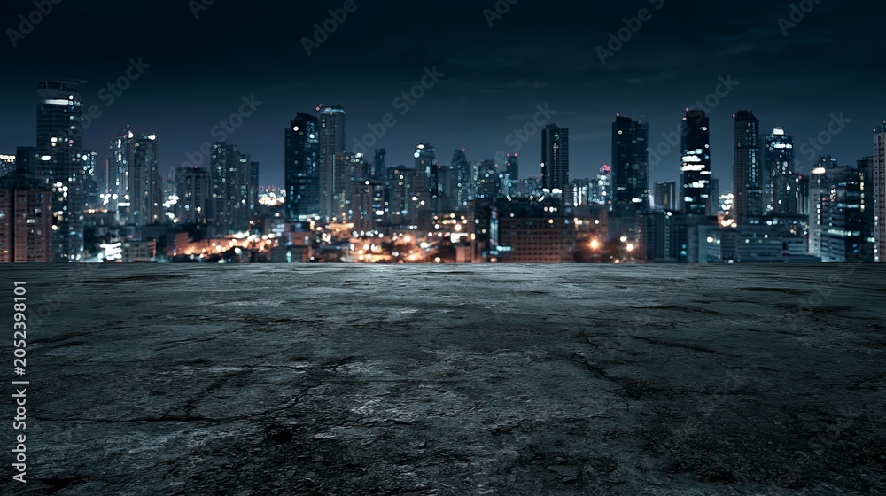 Obraz premium A dark and moody cityscape at night with a vast empty rooftop and a bustling urban skyline in the background