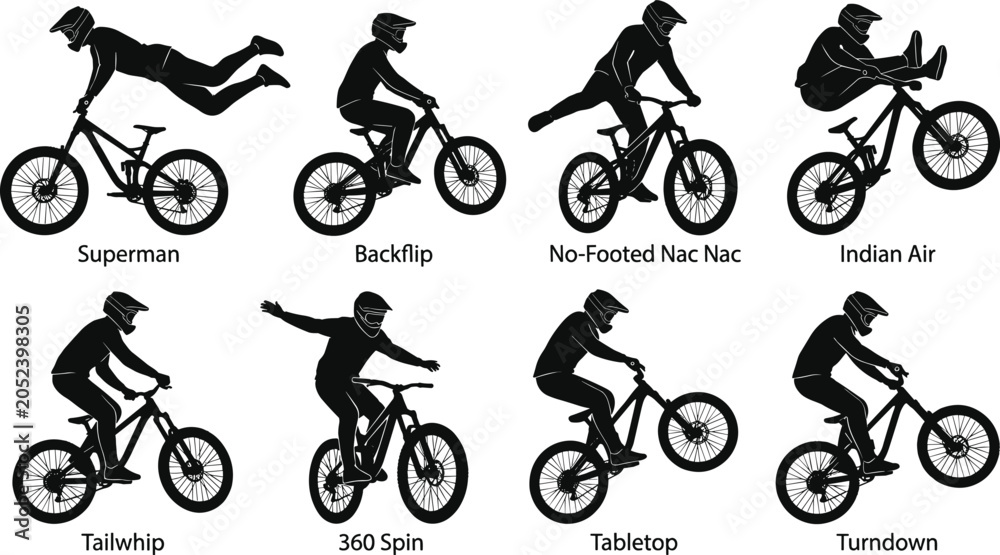 Naklejka premium Extreme mountain bike stunt silhouette vector set. Freestyle BMX, MTB tricks, rider jumping, midair action, stuntman, helmet, cycle sport and extreme lifestyle elements.
