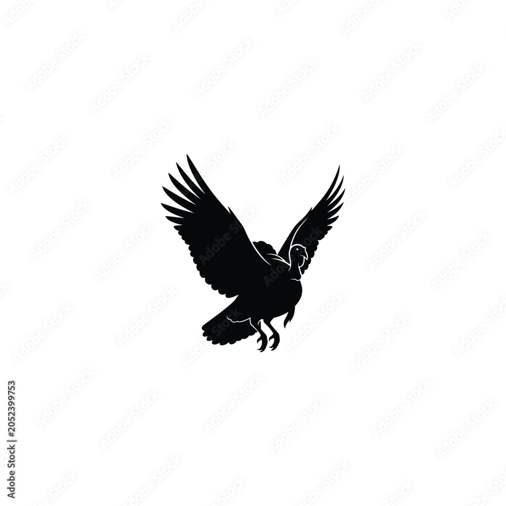 Fototapeta premium Wild Turkey Silhouette Flying with Wings Spread Upward. Minimalist Black and White Vector Illustration of a Game Bird in Flight. Graphic Icon Symbol for Wildlife, Nature, and Hunting Design.