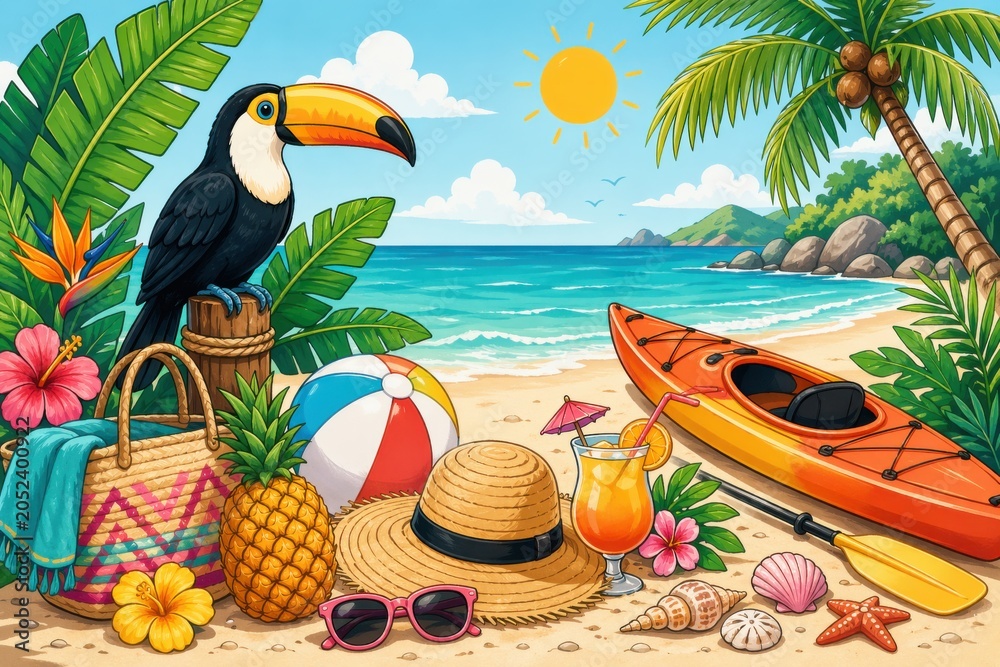 Fototapeta premium Tropical summer scene featuring toucan palm fronds beach ball sun hat kayak pineapple and shells.