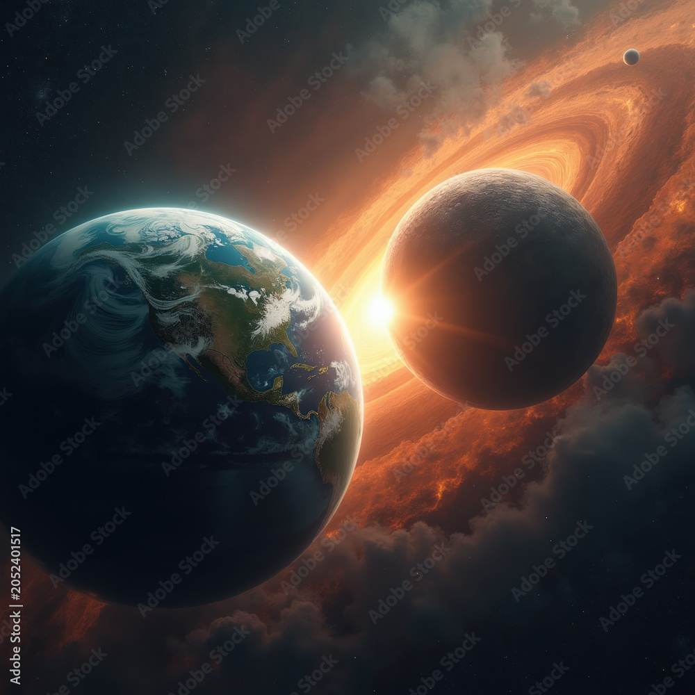 Fototapeta premium Earth and moon align near bright sun. Planets orbit in cosmic nebula with starry background. Space exploration and universe concepts. Other celestial bodies visible.