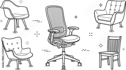 Konstfotografi Office and home chair furniture vector bundle featuring minimalist black line ar
