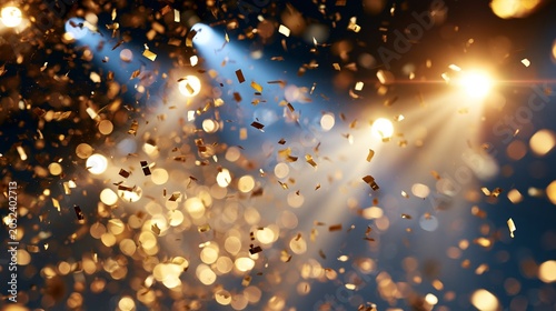 Golden confetti floating through stage lights creating a festive atmosphere with sparkling bokeh background details © Bonsales