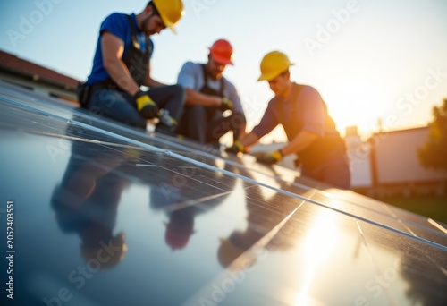 Three male technicians installing solar panels on a rooftop during sunset, wearing safety helmets and gloves, with reflections visible on the solar surface