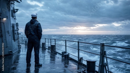 Brave Sailor on Deck of Navy Ship Overlooking Stormy Sea at Dawn