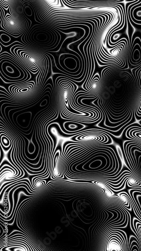 Seamless looping abstract background featuring black and white wavy contour lines moving like liquid. Hypnotic optical illusion motion graphics texture.