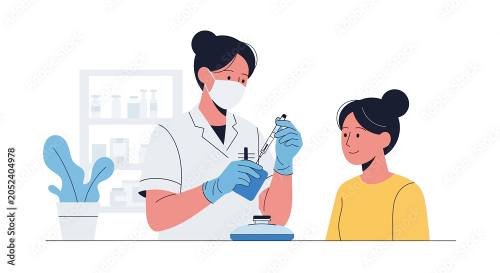 Fototapeta premium Medical professional in mask and gloves preparing vaccine or medication for patient