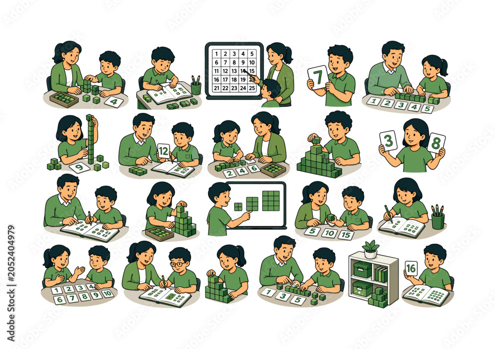 Fototapeta premium Square Number Learning collection of digital illustrations NOT icons NOT symbols, 12?20 character-driven small scenes of teachers arranging number blocks, students counting squares, holding cards,