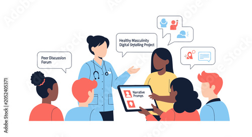 Doctor presenting digital health project to diverse group of patients in meeting