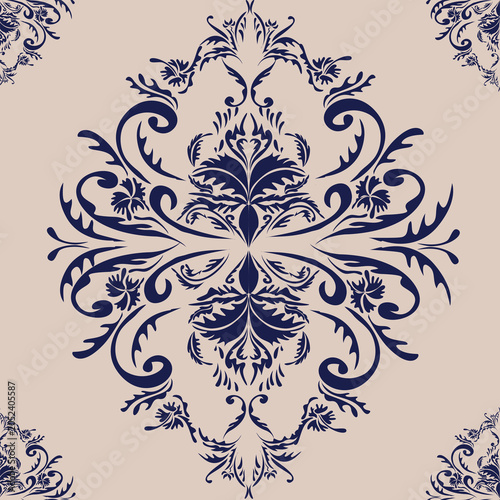 Seamless Pattern Blue Damask With Cream Backgorund