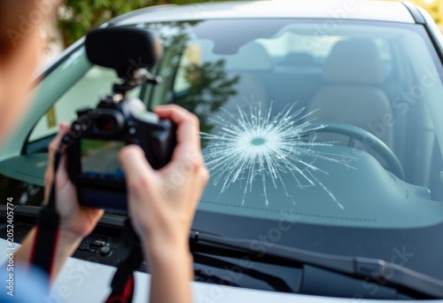 Individual capturing photo of cracked windshield with camera, visible damage radiating from impact point, parked car interior and greenery in the background