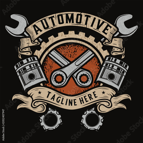 Vintage automotive repair emblem design featuring crossed wrenches, engine pistons, and mechanical gears, perfect for garage workshops and custom motorcycle or car service logos.
