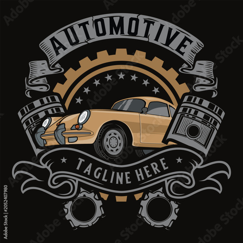 Vintage classic car logo design template, vector illustration featuring an old retro sports car, mechanical engine pistons, and gear elements on a dark background.