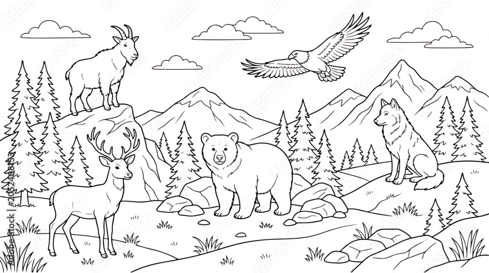 Obraz premium Wild animals coloring page vector, mountain landscape with bear, deer, wolf and eagle, forest wilderness outline illustration for kids activity book