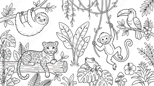 Photography Jungle animals coloring page vector, tropical rainforest landscape with leopard